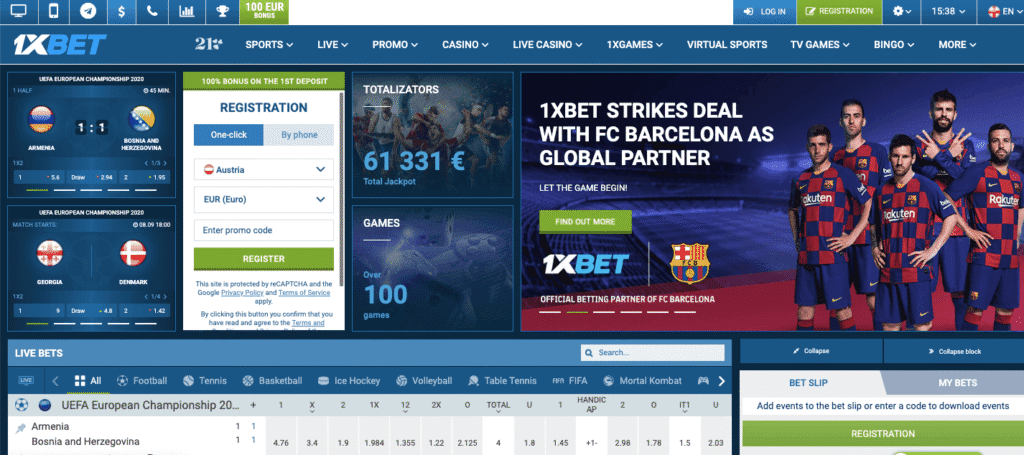 Screenshot of the 1xBet official website homepage showcasing various betting options.
