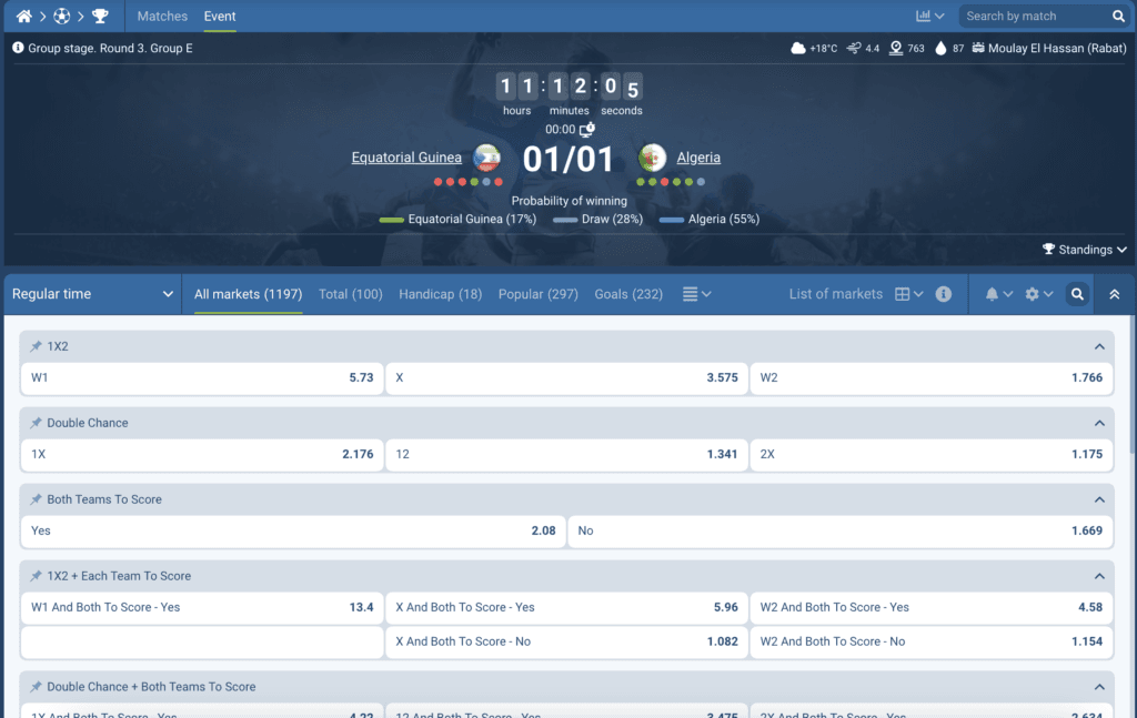 1xBet odds listing for Equatorial Guinea vs Algeria AFCON 2025.