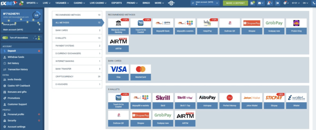 1xBet Malaysia deposit methods