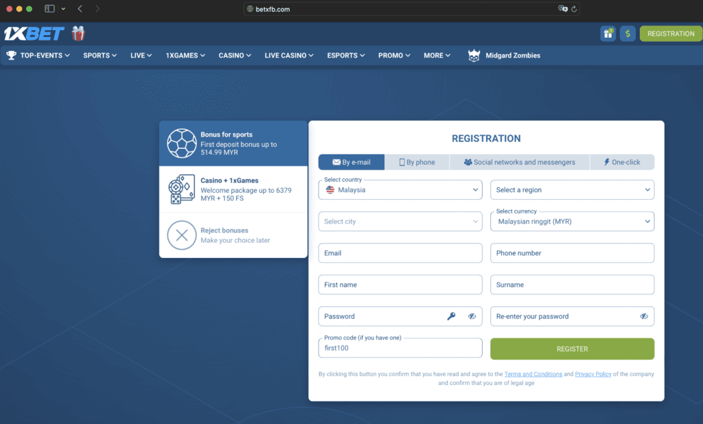 1xBet Malaysia email registration