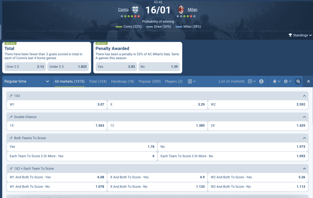 Bet slip with Under 2.5 Goals and Milan corners bet