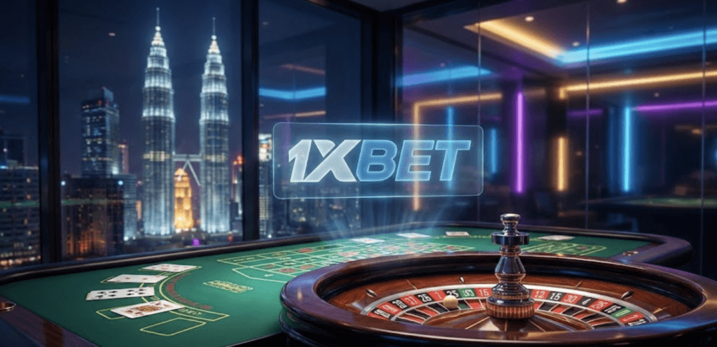 1xBet Malaysia Online Casino Table Games showing Roulette and Blackjack with Kuala Lumpur skyline background.