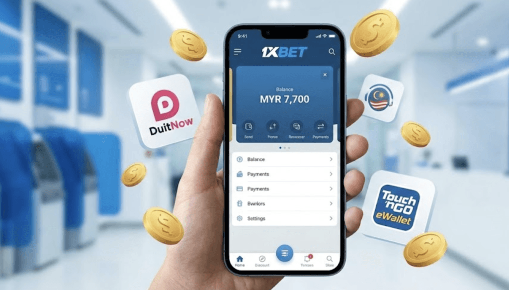 1xBet App interface showing MYR currency balance and fast deposit methods for Malaysian players.