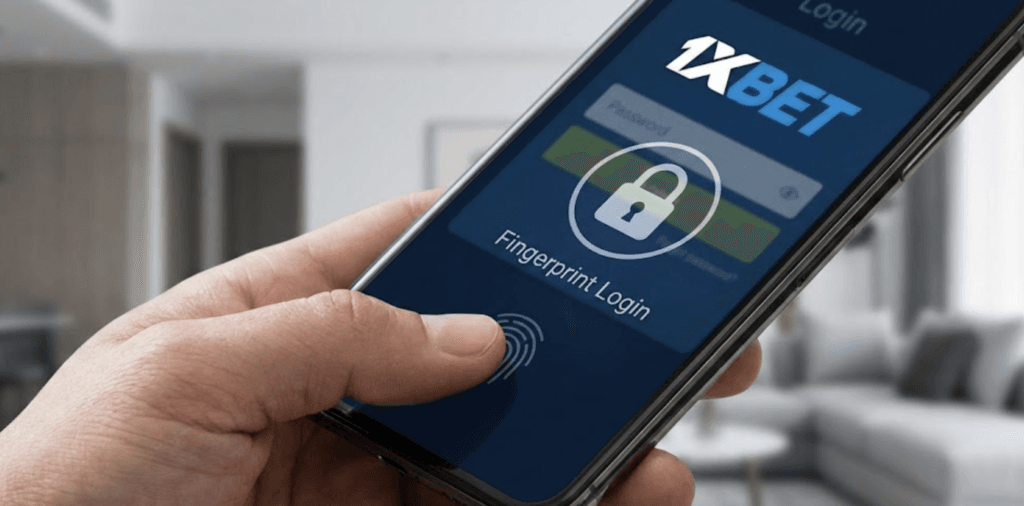 A user demonstrates the convenient and secure fingerprint login feature on the 1xBet mobile app.