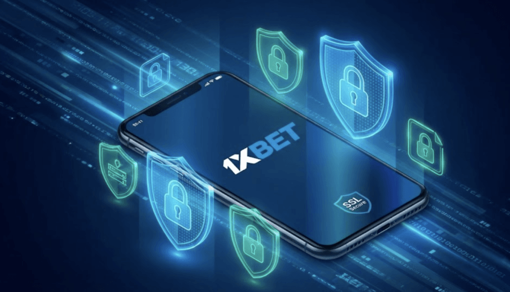 A conceptual visualization of the 1xBet app protected by multiple layers of digital security, including SSL encryption and firewalls.