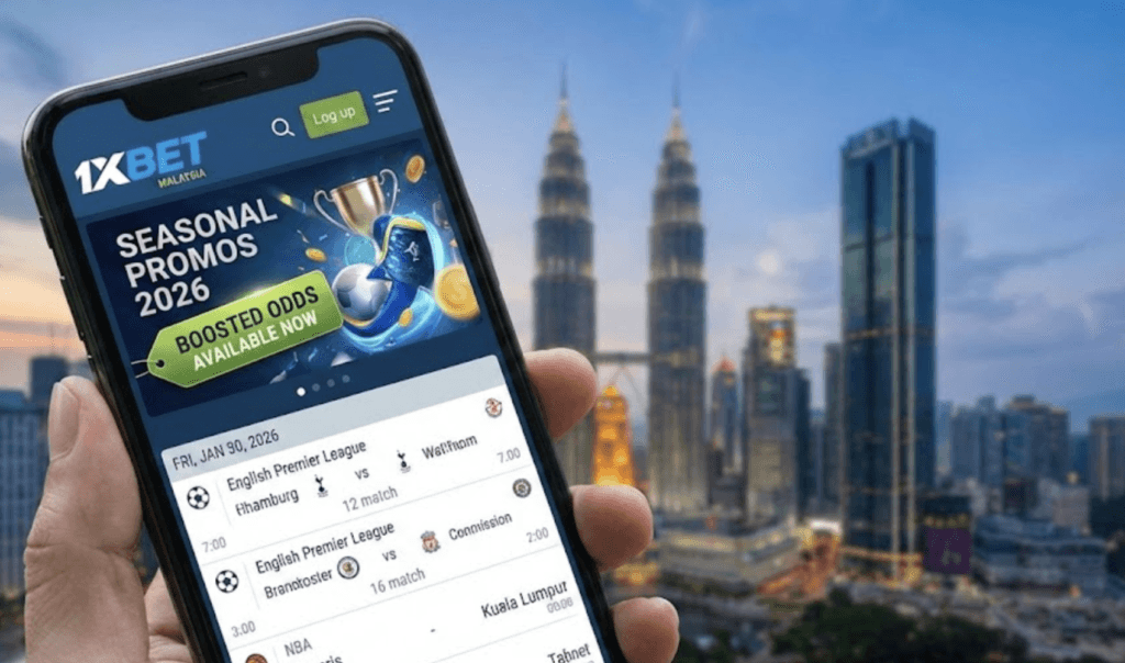 1xBet Malaysia mobile app showing Seasonal Promos 2026 and Boosted Odds against a Kuala Lumpur skyline.