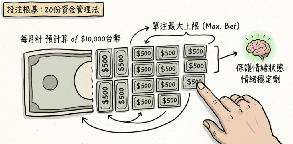 「20份資金管理法」。你的 $10,000台幣預算被精確劃分為20個 $500的單注上限。老手的手指向其中一份，旁邊的「情緒穩定劑」圖示強調了這個策略的本質：保護你的情緒狀態，讓你免於崩潰，這才是長期獲利的基礎。