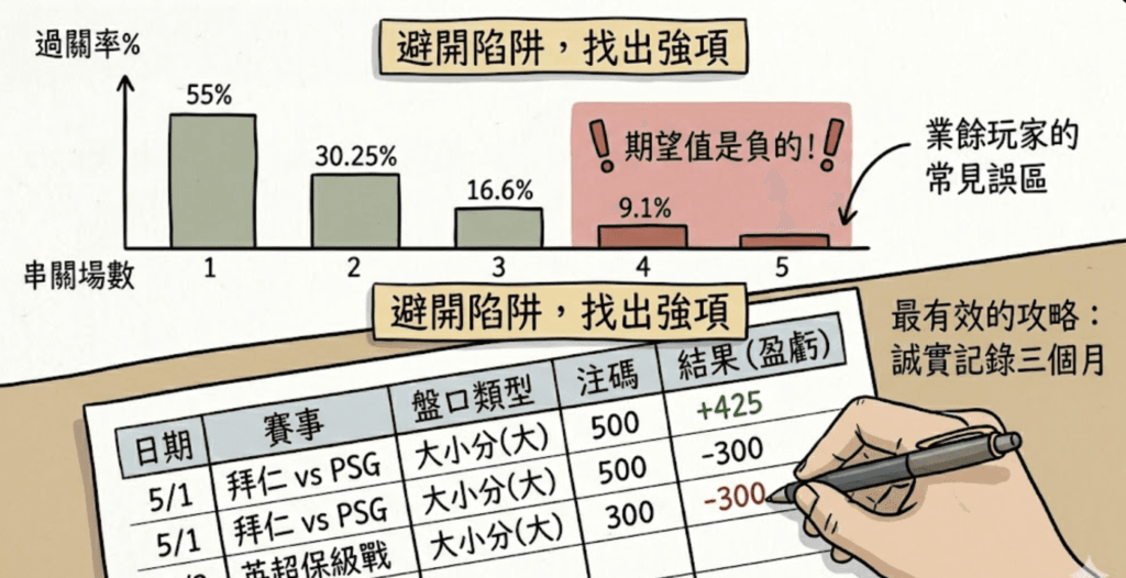 隨著場數增加，過關率急速下降，四關以上的期望值被紅色警告為負。下半部則展示了老手在記錄注單，這才是「最有效的攻略」——透過誠實記錄三個月，找出你勝率最高的盤口和運動，而不是靠感覺亂下。