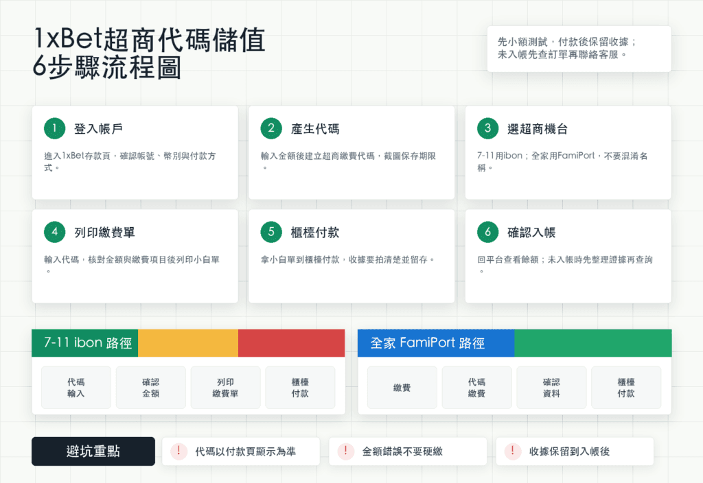 1xBet超商代碼儲值教學:7-11 ibon與全家FamiPort步驟 4 1xBet超商儲值失敗怎麼辦?代碼、收據與客服補單指南
