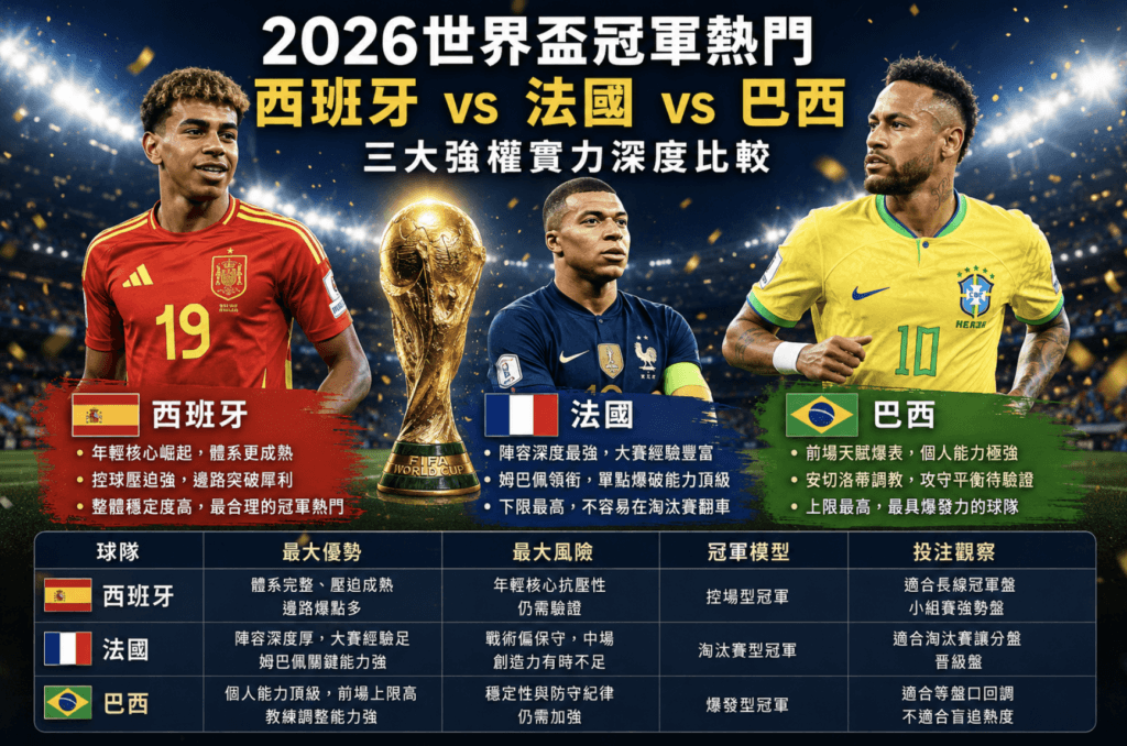 2026世界盃冠軍預測：西班牙、法國、巴西誰最有機會？