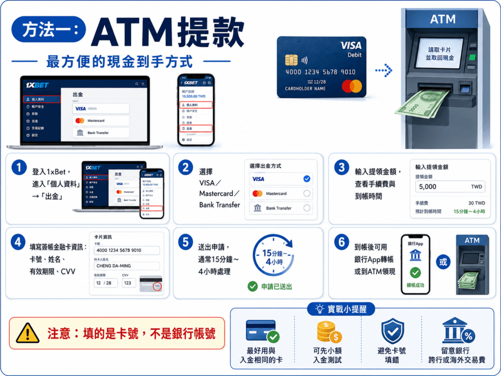1xBet 出金教學 2026|ATM 提款與 USDT 出金步驟、到帳時間、常見失敗原因 1 1xBet 怎麼出金?ATM 領現與 USDT 提領完整流程