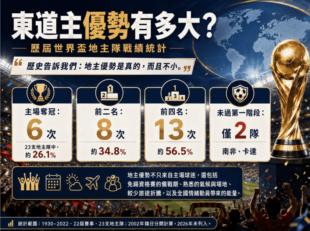 東道主優勢有多大？歷屆世界盃地主隊戰績完整統計